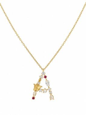 Zara Gold-Tone Initial 'A' Necklace with Pearls and Red Gems